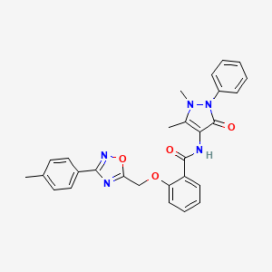 molecular formula C28H25N5O4 B7702622 N-(1,5-dimethyl-3-oxo-2-phenyl-2,3-dihydro-1H-pyrazol-4-yl)-2-{[3-(4-methylphenyl)-1,2,4-oxadiazol-5-yl]methoxy}benzamide 