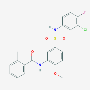 molecular formula C21H18ClFN2O4S B7710564 N-{5-[(3-chloro-4-fluorophenyl)sulfamoyl]-2-methoxyphenyl}-2-methylbenzamide 