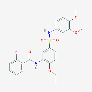 molecular formula C23H23FN2O6S B7719765 N-{5-[(3,4-dimethoxyphenyl)sulfamoyl]-2-ethoxyphenyl}-2-fluorobenzamide 