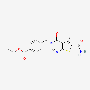 molecular formula C18H17N3O4S B7721907 Ethyl 4-[(6-carbamoyl-5-methyl-4-oxothieno[2,3-d]pyrimidin-3-yl)methyl]benzoate 