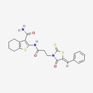 molecular formula C22H21N3O3S3 B7733928 2-{3-[(5Z)-4-OXO-5-(PHENYLMETHYLIDENE)-2-SULFANYLIDENE-1,3-THIAZOLIDIN-3-YL]PROPANAMIDO}-4,5,6,7-TETRAHYDRO-1-BENZOTHIOPHENE-3-CARBOXAMIDE 