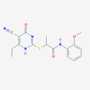 molecular formula C17H18N4O3S B7737041 2-[(5-cyano-6-ethyl-4-oxo-1H-pyrimidin-2-yl)sulfanyl]-N-(2-methoxyphenyl)propanamide 
