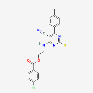 molecular formula C22H19ClN4O2S B7737158 2-{[5-CYANO-6-(4-METHYLPHENYL)-2-(METHYLSULFANYL)PYRIMIDIN-4-YL]AMINO}ETHYL 4-CHLOROBENZOATE 