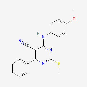 molecular formula C19H16N4OS B7751827 4-[(4-METHOXYPHENYL)AMINO]-2-(METHYLSULFANYL)-6-PHENYLPYRIMIDINE-5-CARBONITRILE 