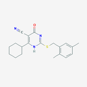 molecular formula C20H23N3OS B7772518 6-cyclohexyl-2-[(2,5-dimethylphenyl)methylsulfanyl]-4-oxo-1H-pyrimidine-5-carbonitrile 