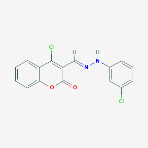 molecular formula C16H10Cl2N2O2 B7797401 4-chloro-3-[(E)-[(3-chlorophenyl)hydrazinylidene]methyl]chromen-2-one 