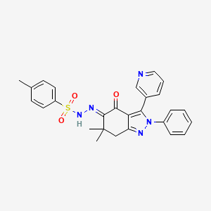 molecular formula C27H25N5O3S B7797442 N-[(E)-(6,6-dimethyl-4-oxo-2-phenyl-3-pyridin-3-yl-7H-indazol-5-ylidene)amino]-4-methylbenzenesulfonamide 