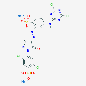 molecular formula C19H10Cl4N8Na2O7S2 B078019 Disodium 2,5-dichloro-4-[4-[[5-[(4,6-dichloro-1,3,5-triazin-2-yl)amino]-2-sulphonatophenyl]azo]-4,5-dihydro-3-methyl-5-oxo-1H-pyrazol-1-yl]benzenesulphonate CAS No. 12226-44-7