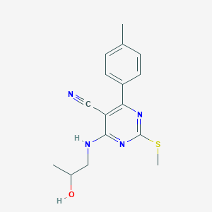 molecular formula C16H18N4OS B7814966 4-[(2-hydroxypropyl)amino]-6-(4-methylphenyl)-2-(methylsulfanyl)pyrimidine-5-carbonitrile 