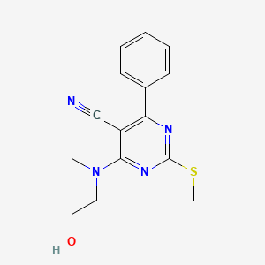 molecular formula C15H16N4OS B7814968 4-[(2-Hydroxyethyl)(methyl)amino]-2-(methylsulfanyl)-6-phenylpyrimidine-5-carbonitrile 