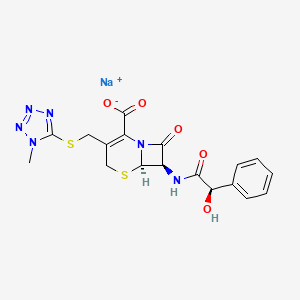 molecular formula C18H17N6NaO5S2 B7819292 sodium;(6R,7R)-7-[[(2R)-2-hydroxy-2-phenylacetyl]amino]-3-[(1-methyltetrazol-5-yl)sulfanylmethyl]-8-oxo-5-thia-1-azabicyclo[4.2.0]oct-2-ene-2-carboxylate 