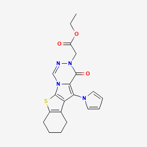 molecular formula C20H20N4O3S B7830665 ethyl 2-(6-oxo-8-pyrrol-1-yl-16-thia-2,4,5-triazatetracyclo[7.7.0.02,7.010,15]hexadeca-1(9),3,7,10(15)-tetraen-5-yl)acetate 