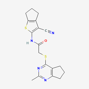 molecular formula C18H18N4OS2 B7832206 N-{3-CYANO-4H,5H,6H-CYCLOPENTA[B]THIOPHEN-2-YL}-2-({2-METHYL-5H,6H,7H-CYCLOPENTA[D]PYRIMIDIN-4-YL}SULFANYL)ACETAMIDE 