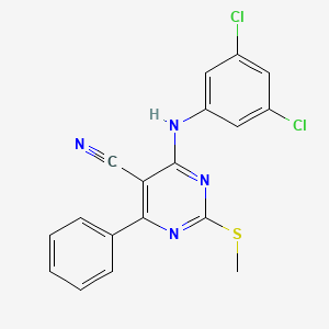 molecular formula C18H12Cl2N4S B7833930 4-[(3,5-DICHLOROPHENYL)AMINO]-2-(METHYLSULFANYL)-6-PHENYLPYRIMIDINE-5-CARBONITRILE 
