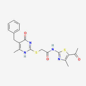molecular formula C20H20N4O3S2 B7837016 N-(5-acetyl-4-methyl-1,3-thiazol-2-yl)-2-[(5-benzyl-6-methyl-4-oxo-1H-pyrimidin-2-yl)sulfanyl]acetamide 