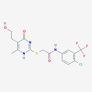 molecular formula C16H15ClF3N3O3S B7837073 N-[4-chloro-3-(trifluoromethyl)phenyl]-2-[[5-(2-hydroxyethyl)-6-methyl-4-oxo-1H-pyrimidin-2-yl]sulfanyl]acetamide 