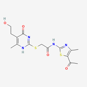 molecular formula C15H18N4O4S2 B7837087 N-(5-acetyl-4-methyl-1,3-thiazol-2-yl)-2-[[5-(2-hydroxyethyl)-6-methyl-4-oxo-1H-pyrimidin-2-yl]sulfanyl]acetamide 