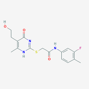 molecular formula C16H18FN3O3S B7837295 N-(3-fluoro-4-methylphenyl)-2-[[5-(2-hydroxyethyl)-6-methyl-4-oxo-1H-pyrimidin-2-yl]sulfanyl]acetamide 
