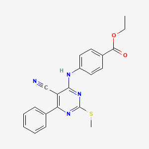 molecular formula C21H18N4O2S B7850200 ETHYL 4-{[5-CYANO-2-(METHYLSULFANYL)-6-PHENYLPYRIMIDIN-4-YL]AMINO}BENZOATE 
