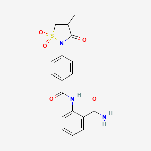 molecular formula C18H17N3O5S B7850421 N-(2-CARBAMOYLPHENYL)-4-(4-METHYL-1,1-DIOXIDO-3-OXO-2-ISOTHIAZOLIDINYL)BENZAMIDE 
