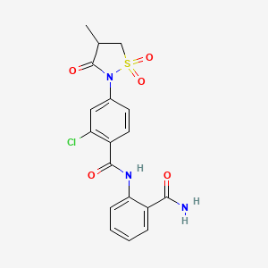 molecular formula C18H16ClN3O5S B7850439 N-(2-CARBAMOYLPHENYL)-2-CHLORO-4-(4-METHYL-1,1-DIOXIDO-3-OXO-2-ISOTHIAZOLIDINYL)BENZAMIDE 