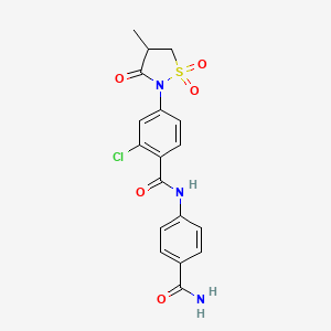 molecular formula C18H16ClN3O5S B7850443 N-(4-CARBAMOYLPHENYL)-2-CHLORO-4-(4-METHYL-1,1-DIOXIDO-3-OXO-2-ISOTHIAZOLIDINYL)BENZAMIDE 