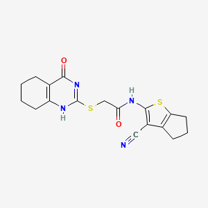 molecular formula C18H18N4O2S2 B7850496 N-(3-cyano-5,6-dihydro-4H-cyclopenta[b]thiophen-2-yl)-2-[(4-oxo-5,6,7,8-tetrahydro-1H-quinazolin-2-yl)sulfanyl]acetamide 