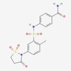 molecular formula C17H17N3O6S2 B7850722 4-({[5-(1,1-DIOXIDO-3-OXO-2-ISOTHIAZOLIDINYL)-2-METHYLPHENYL]SULFONYL}AMINO)BENZAMIDE 