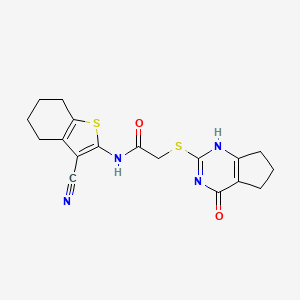 molecular formula C18H18N4O2S2 B7851202 N-(3-cyano-4,5,6,7-tetrahydro-1-benzothiophen-2-yl)-2-[(4-oxo-1,5,6,7-tetrahydrocyclopenta[d]pyrimidin-2-yl)sulfanyl]acetamide 