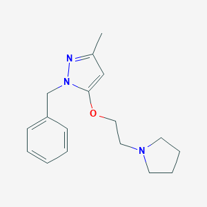 molecular formula C17H23N3O B078669 Pyrazole, 1-benzyl-3-methyl-5-(2-(1-pyrrolidinyl)ethoxy)- CAS No. 15090-08-1