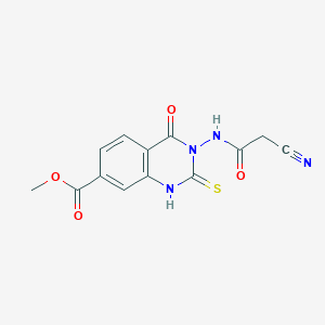 molecular formula C13H10N4O4S B7886793 Methyl 3-[(cyanoacetyl)amino]-4-oxo-2-thioxo-1,2,3,4-tetrahydroquinazoline-7-carboxylate 