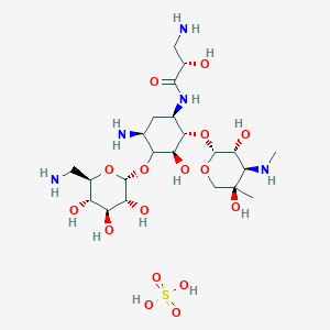 molecular formula C22H45N5O16S B7909575 (2S)-3-amino-N-[(1R,2S,3S,5S)-5-amino-4-[(2R,3R,4S,5S,6R)-6-(aminomethyl)-3,4,5-trihydroxyoxan-2-yl]oxy-2-[(2R,3R,4R,5R)-3,5-dihydroxy-5-methyl-4-(methylamino)oxan-2-yl]oxy-3-hydroxycyclohexyl]-2-hydroxypropanamide;sulfuric acid 