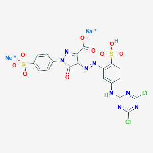 molecular formula C19H10Cl2N8Na2O9S2 B079119 1H-Pyrazole-3-carboxylic acid, 4-[2-[5-[(4,6-dichloro-1,3,5-triazin-2-yl)amino]-2-sulfophenyl]diazenyl]-4,5-dihydro-5-oxo-1-(4-sulfophenyl)-, sodium salt (1:2) CAS No. 14552-81-9