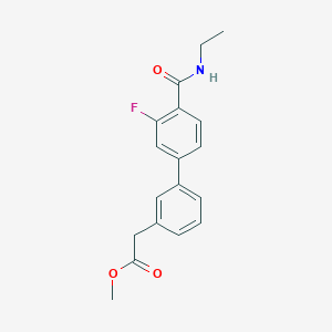 molecular formula C18H18FNO3 B7959868 Methyl 2-{3-[4-(ethylcarbamoyl)-3-fluorophenyl]phenyl}acetate 