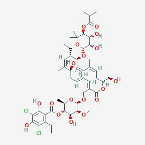 molecular formula C52H74Cl2O18 B7979448 [(2R,3S,4S,5S,6R)-6-[[(3E,5E,8S,9Z,11S,12R,13Z,15Z,18S)-12-[(2R,3S,4R,5S)-3,4-dihydroxy-6,6-dimethyl-5-(2-methylpropanoyloxy)oxan-2-yl]oxy-11-ethyl-8-hydroxy-18-[(1R)-1-hydroxyethyl]-9,13,15-trimethyl-2-oxo-1-oxacyclooctadeca-3,5,9,13,15-pentaen-3-yl]methoxy]-4-hydroxy-5-methoxy-2-methyloxan-3-yl] 3,5-dichloro-2-ethyl-4,6-dihydroxybenzoate 