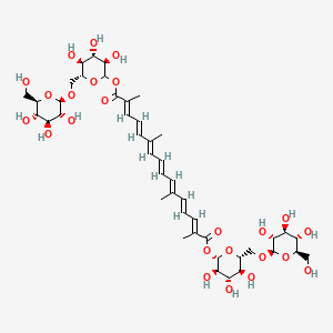 molecular formula C44H64O24 B7981398 1-O-[(2S,3R,4S,5S,6R)-3,4,5-Trihydroxy-6-[[(2R,3R,4S,5S,6R)-3,4,5-trihydroxy-6-(hydroxymethyl)oxan-2-yl]oxymethyl]oxan-2-yl] 16-O-[(3R,4S,5S,6R)-3,4,5-trihydroxy-6-[[(2R,3R,4S,5S,6R)-3,4,5-trihydroxy-6-(hydroxymethyl)oxan-2-yl]oxymethyl]oxan-2-yl] (2E,4E,6E,8E,10E,12E,14E)-2,6,11,15-tetramethylhexadeca-2,4,6,8,10,12,14-heptaenedioate 