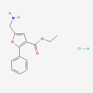molecular formula C14H16ClNO3 B7982742 Ethyl 5-(aminomethyl)-2-phenyl-3-furoate 