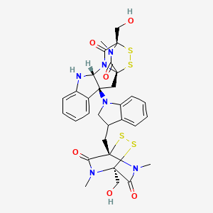molecular formula C31H32N6O6S4 B7984425 (1S,3S,11R,14S)-14-(hydroxymethyl)-3-[3-[[(1S,4S)-4-(hydroxymethyl)-5,7-dimethyl-6,8-dioxo-2,3-dithia-5,7-diazabicyclo[2.2.2]octan-1-yl]methyl]-2,3-dihydroindol-1-yl]-18-methyl-15,16-dithia-10,12,18-triazapentacyclo[12.2.2.01,12.03,11.04,9]octadeca-4,6,8-triene-13,17-dione 