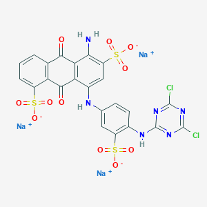 molecular formula C23H11Cl2N6Na3O11S3 B080076 1,6-Anthracenedisulfonic acid, 5-amino-8-((4-((4,6-dichloro-1,3,5-triazin-2-yl)amino)-3-sulfophenyl)amino)-9,10-dihydro-9,10-dioxo-, trisodium salt CAS No. 14835-74-6