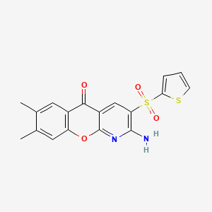 molecular formula C18H14N2O4S2 B8009863 2-Amino-7,8-dimethyl-3-thiophen-2-ylsulfonylchromeno[2,3-b]pyridin-5-one 