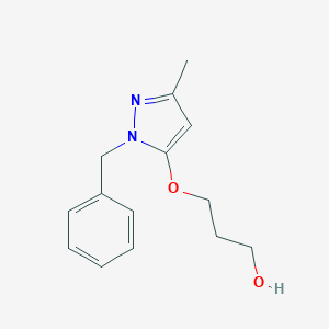molecular formula C14H18N2O2 B080211 Propanol, 3-(1-benzyl-3-methyl-5-pyrazolyloxy)- CAS No. 15083-36-0
