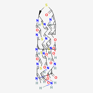 molecular formula C51H43N13O12S6 B8049547 N-(3-amino-3-oxoprop-1-en-2-yl)-2-[(1S,18S,21Z,28S,30S)-21-ethylidene-9,30-dihydroxy-18-[(1S)-1-hydroxyethyl]-40-methyl-16,19,26,31,42,46-hexaoxo-32-oxa-3,13,23,43,49-pentathia-7,17,20,27,45,51,52,53,54,55-decazanonacyclo[26.16.6.12,5.112,15.122,25.138,41.147,50.06,11.034,39]pentapentaconta-2(55),4,6,8,10,12(54),14,22(53),24,34(39),35,37,40,47,50-pentadecaen-8-yl]-1,3-thiazole-4-carboxamide 