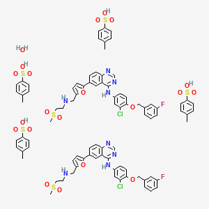 molecular formula C86H86Cl2F2N8O21S6 B8050854 N-[3-chloro-4-[(3-fluorophenyl)methoxy]phenyl]-6-[5-[(2-methylsulfonylethylamino)methyl]furan-2-yl]quinazolin-4-amine;4-methylbenzenesulfonic acid;hydrate 