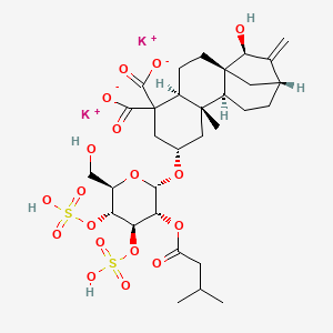 molecular formula C31H44K2O18S2 B8055459 dipotassium;(1R,4S,7S,9S,10S,13R,15S)-15-hydroxy-7-[(2S,3R,4R,5R,6R)-6-(hydroxymethyl)-3-(3-methylbutanoyloxy)-4,5-disulfooxyoxan-2-yl]oxy-9-methyl-14-methylidenetetracyclo[11.2.1.01,10.04,9]hexadecane-5,5-dicarboxylate 