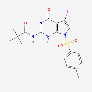 molecular formula C18H19IN4O4S B8058673 N-[5-iodo-7-(4-methylphenyl)sulfonyl-4-oxo-1H-pyrrolo[2,3-d]pyrimidin-2-yl]-2,2-dimethylpropanamide 