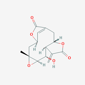 molecular formula C15H16O6 B080607 (1R,3R,5R,6S,7S,11S)-6-Hydroxy-3-methyl-8-methylidene-4,10,15-trioxatetracyclo[11.2.1.03,5.07,11]hexadec-13(16)-ene-9,14-dione CAS No. 10247-71-9