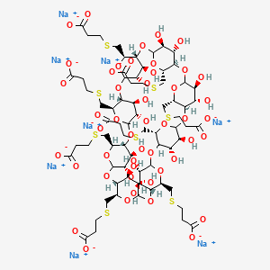 molecular formula C72H104Na8O48S8 B8068856 octasodium;3-[[(1R,5R,6R,10R,11R,15R,16R,20R,21R,25R,26R,30R,31R,35R,36R,40R,41S,42S,43S,44S,45S,46S,47S,48S,49S,50S,51S,52S,53S,54S,55S,56S)-10,15,20,25,30,35,40-heptakis(2-carboxylatoethylsulfanylmethyl)-41,42,43,44,45,46,47,48,49,50,51,52,53,54,55,56-hexadecahydroxy-2,4,7,9,12,14,17,19,22,24,27,29,32,34,37,39-hexadecaoxanonacyclo[36.2.2.23,6.28,11.213,16.218,21.223,26.228,31.233,36]hexapentacontan-5-yl]methylsulfanyl]propanoate 