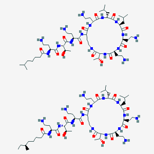 molecular formula C105H198N32O26 B8069800 N-[(2S)-4-amino-1-[[(2S,3R)-1-[[(2S)-4-amino-1-oxo-1-[[(6S,9S,12S,15R)-6,9,18-tris(2-aminoethyl)-3-[(1R)-1-hydroxyethyl]-12,15-bis(2-methylpropyl)-2,5,8,11,14,17,20-heptaoxo-1,4,7,10,13,16,19-heptazacyclotricos-21-yl]amino]butan-2-yl]amino]-3-hydroxy-1-oxobutan-2-yl]amino]-1-oxobutan-2-yl]-6-methylheptanamide;(6S)-N-[(2S)-4-amino-1-[[(2S,3R)-1-[[(2S)-4-amino-1-oxo-1-[[(6S,9S,12S,15R)-6,9,18-tris(2-aminoethyl)-3-[(1R)-1-hydroxyethyl]-12,15-bis(2-methylpropyl)-2,5,8,11,14,17,20-heptaoxo-1,4,7,10,13,16,19-heptazacyclotricos-21-yl]amino]butan-2-yl]amino]-3-hydroxy-1-oxobutan-2-yl]amino]-1-oxobutan-2-yl]-6-methyloctanamide 