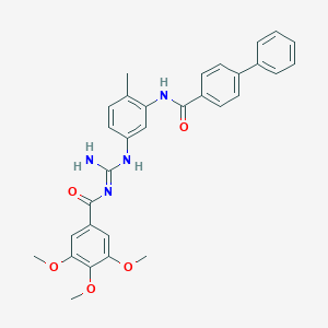 molecular formula C31H30N4O5 B8075354 N-[amino-[4-methyl-3-[(4-phenylbenzoyl)amino]anilino]methylidene]-3,4,5-trimethoxybenzamide 