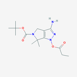 molecular formula C15H24N4O4 B8076959 Pyrrolo[3,4-c]pyrazole-5(1H)-carboxylic acid, 3-amino-4,6-dihydro-6,6-dimethyl-1-(1-oxopropoxy)-, 1,1-dimethylethyl ester 